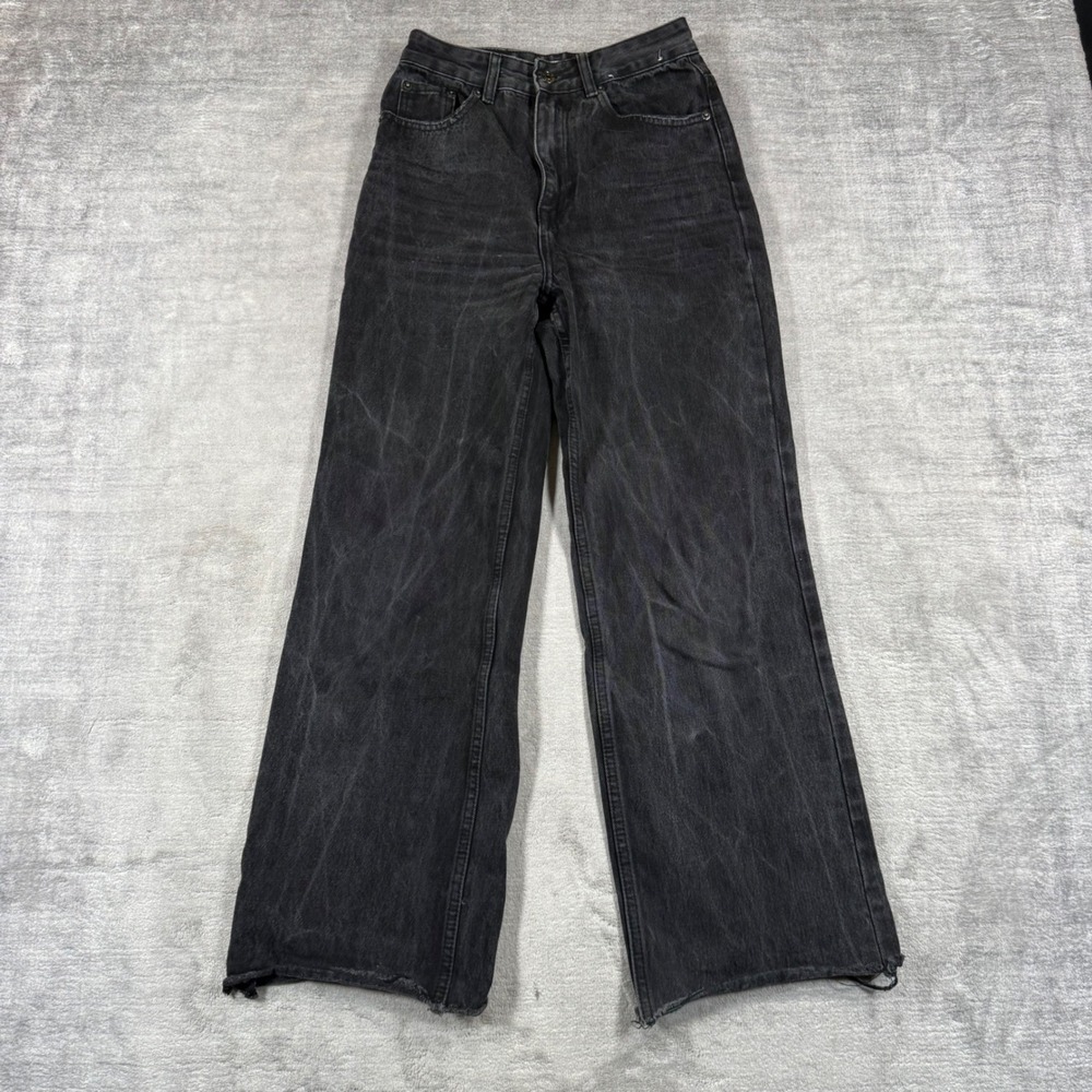 Glassons Jeans Womens 6 Black Wide Leg Baggy High Rise Raw Hem Faded Denim Y2K